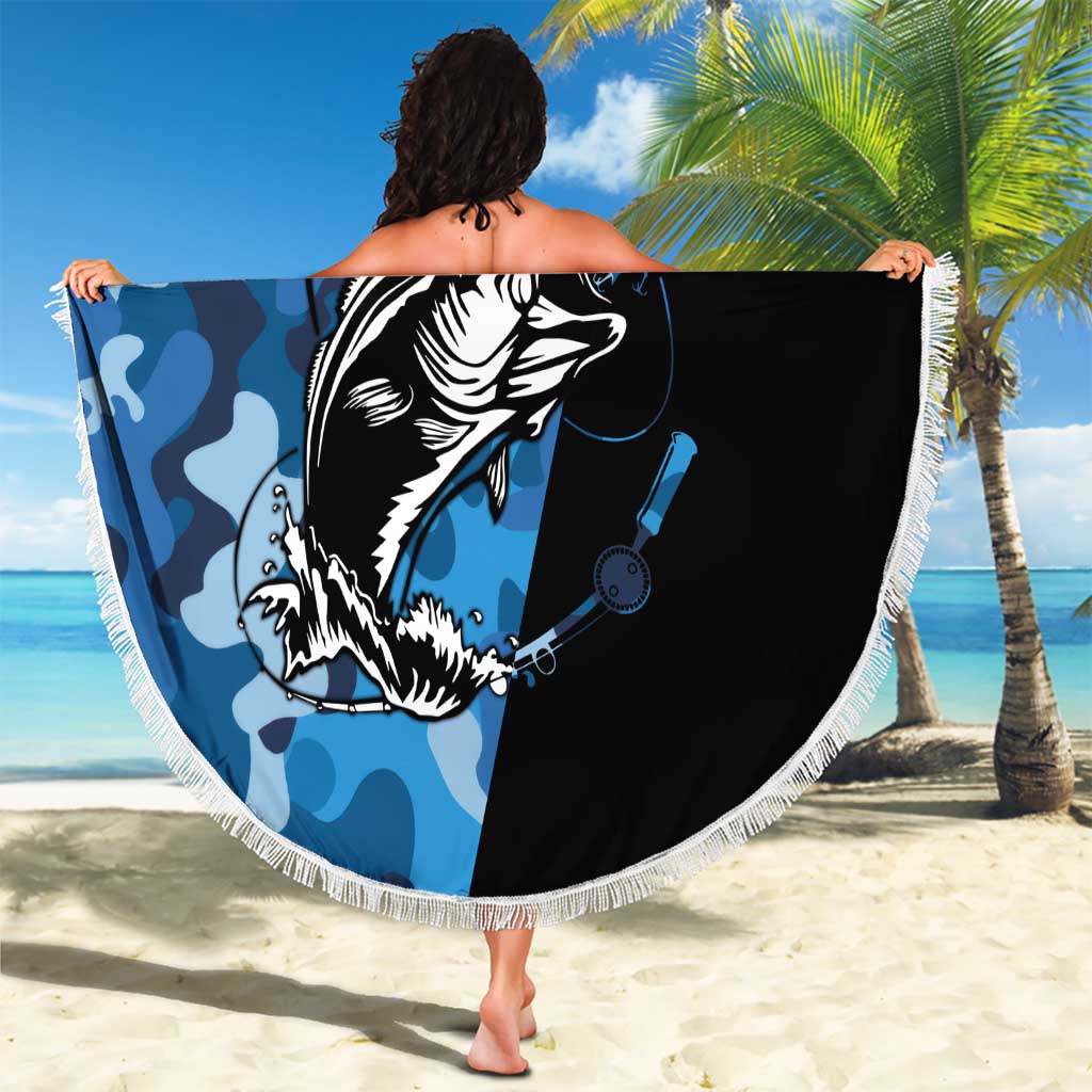 Custom Blue Camo Bass Fishing Beach Blanket Fishing Rod Graphic Design - Wonder Print Shop