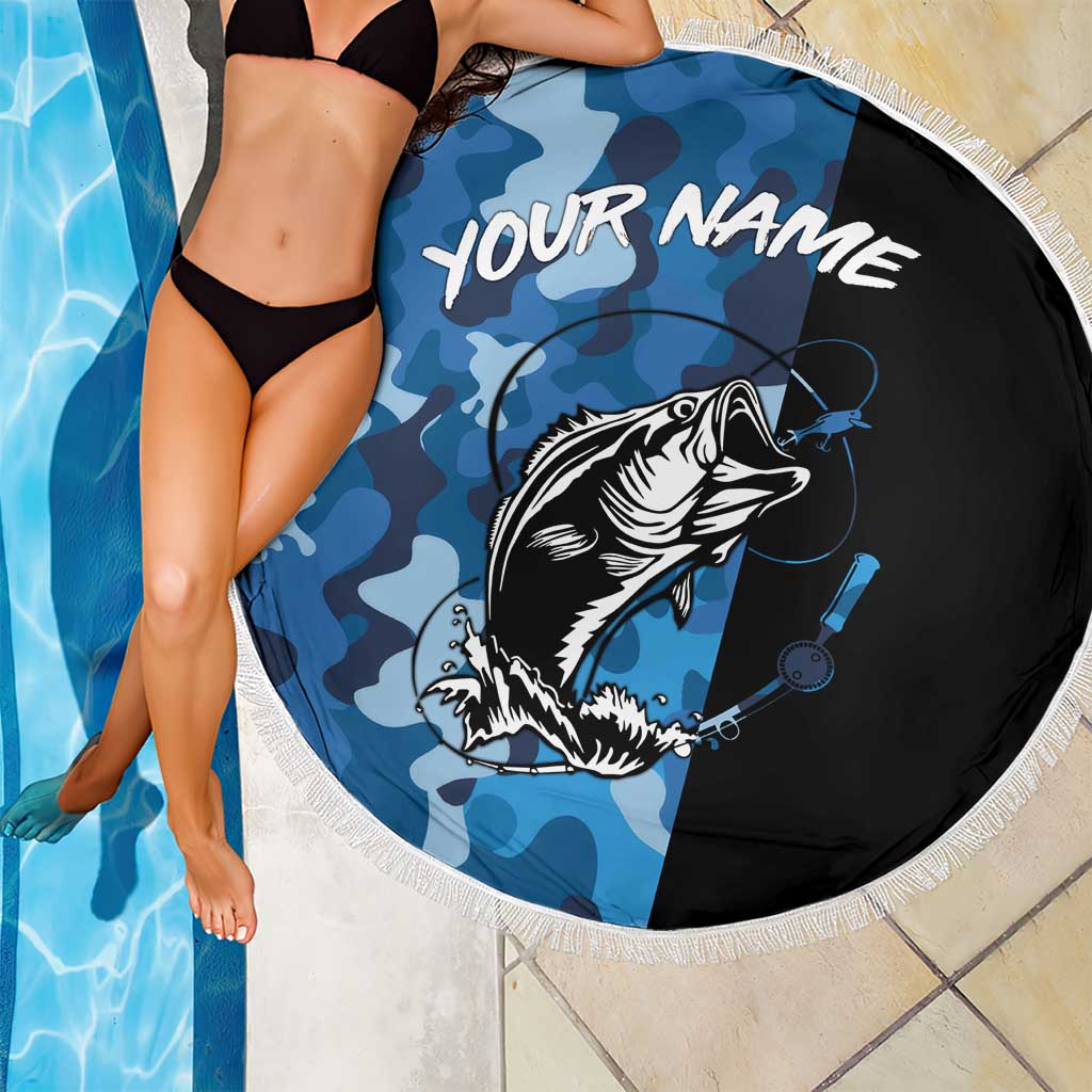 Custom Blue Camo Bass Fishing Beach Blanket Fishing Rod Graphic Design - Wonder Print Shop
