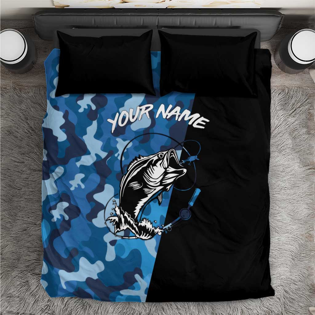 Custom Blue Camo Bass Fishing Bedding Set Fishing Rod Graphic Design - Wonder Print Shop