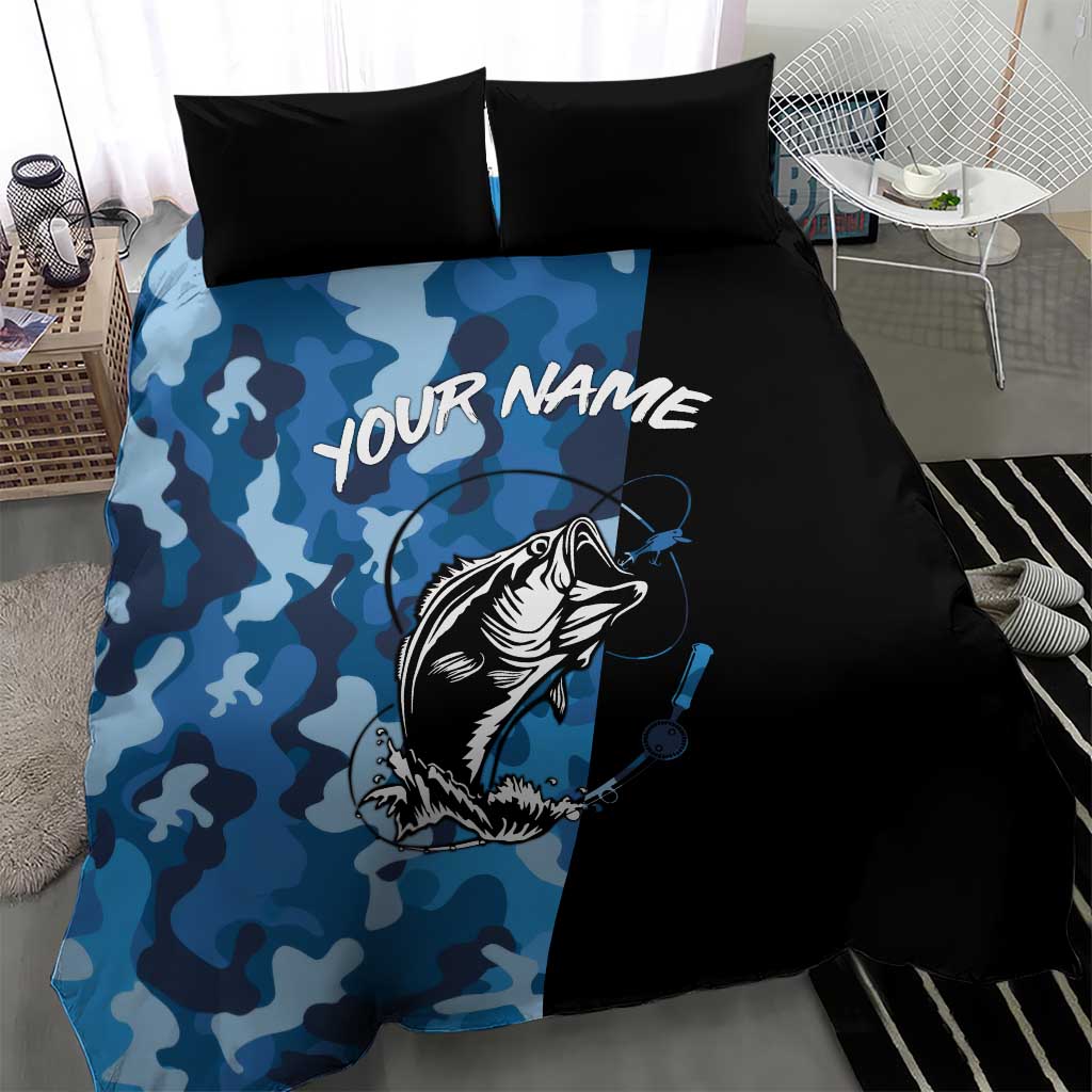 Custom Blue Camo Bass Fishing Bedding Set Fishing Rod Graphic Design - Wonder Print Shop