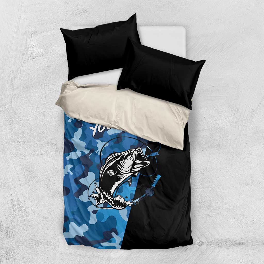 Custom Blue Camo Bass Fishing Bedding Set Fishing Rod Graphic Design - Wonder Print Shop