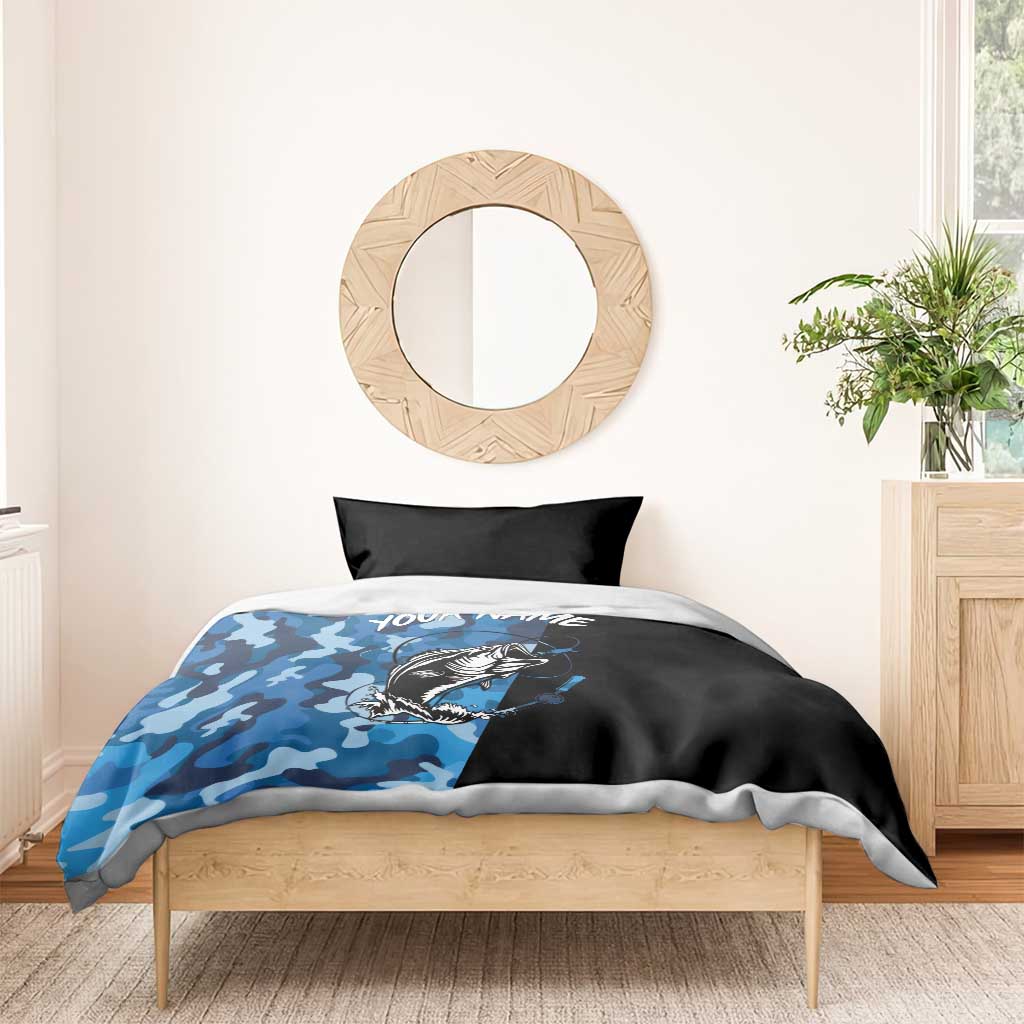 Custom Blue Camo Bass Fishing Bedding Set Fishing Rod Graphic Design - Wonder Print Shop