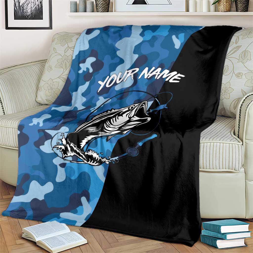Custom Blue Camo Bass Fishing Blanket Fishing Rod Graphic Design - Wonder Print Shop