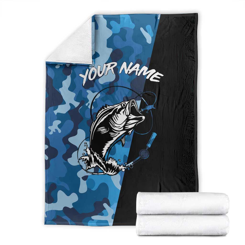 Custom Blue Camo Bass Fishing Blanket Fishing Rod Graphic Design - Wonder Print Shop