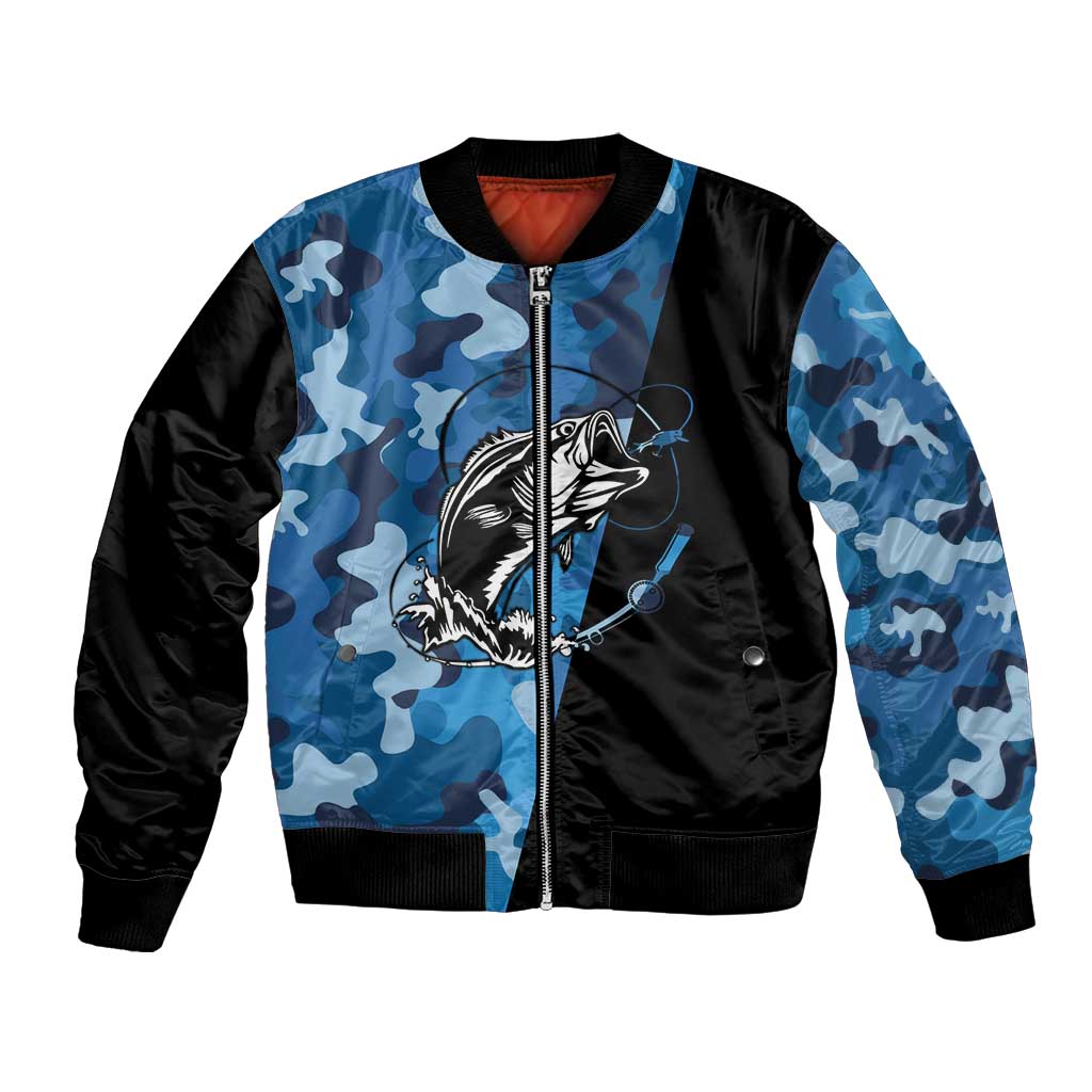 Custom Blue Camo Bass Fishing Bomber Jacket Fishing Rod Graphic Design - Wonder Print Shop