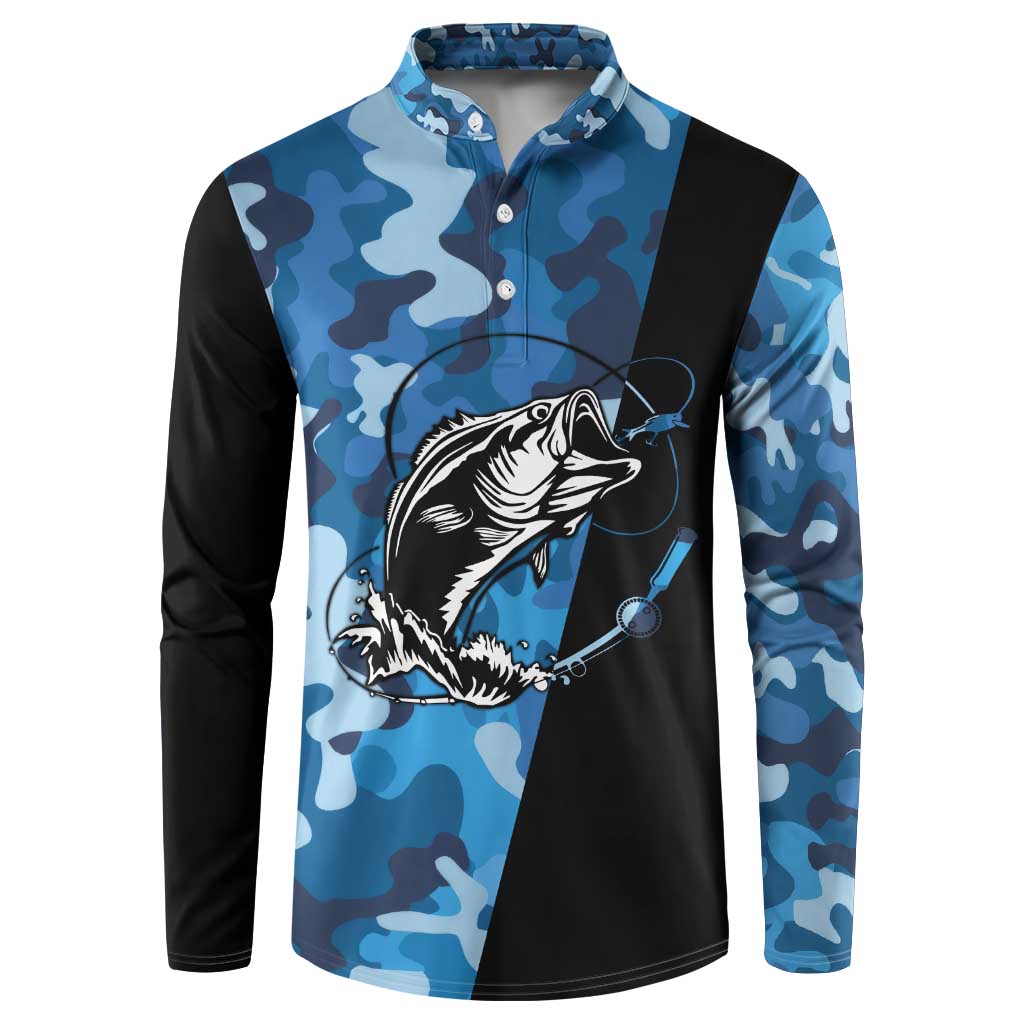 Custom Blue Camo Bass Fishing Button Sweatshirt Fishing Rod Graphic Design - Wonder Print Shop