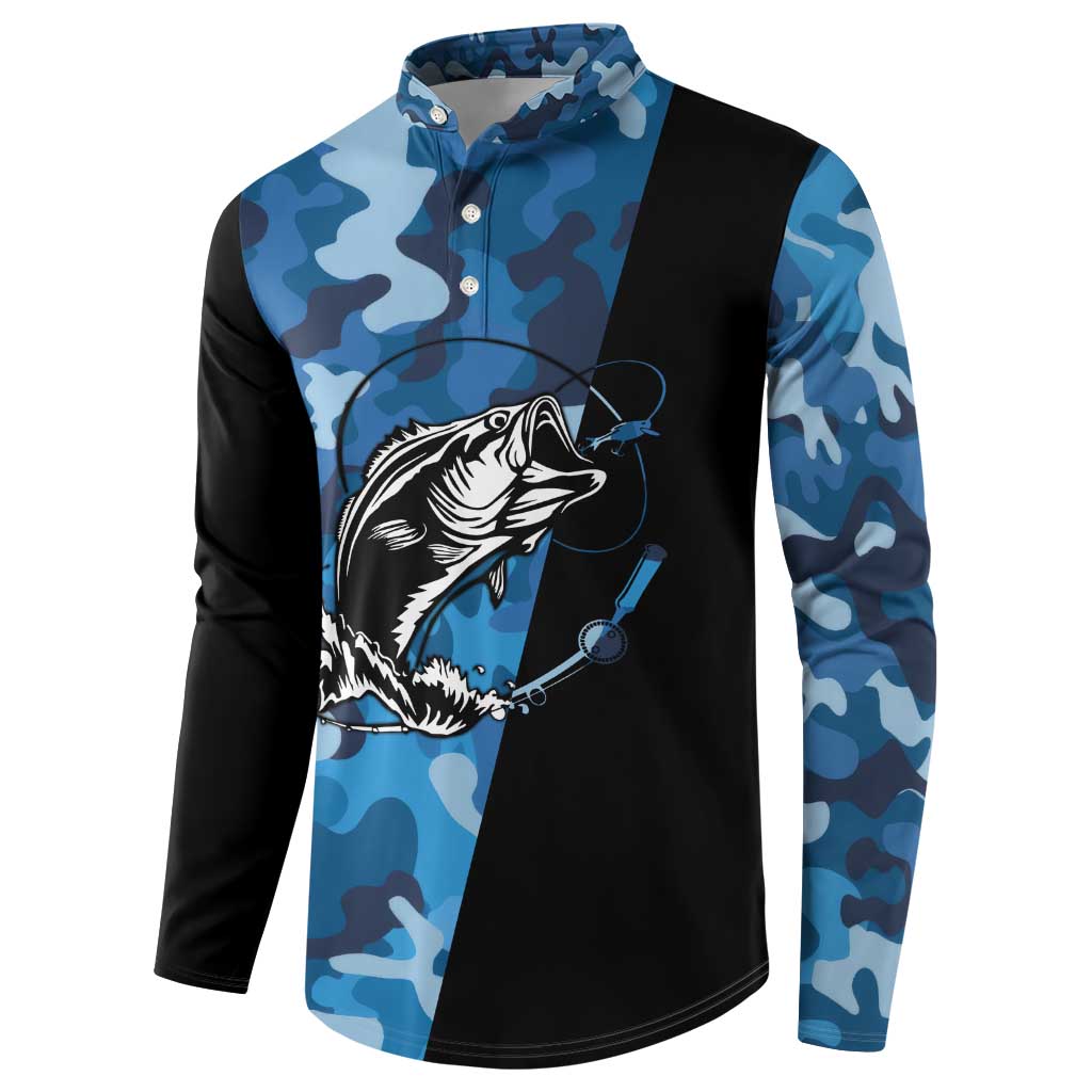 Custom Blue Camo Bass Fishing Button Sweatshirt Fishing Rod Graphic Design - Wonder Print Shop