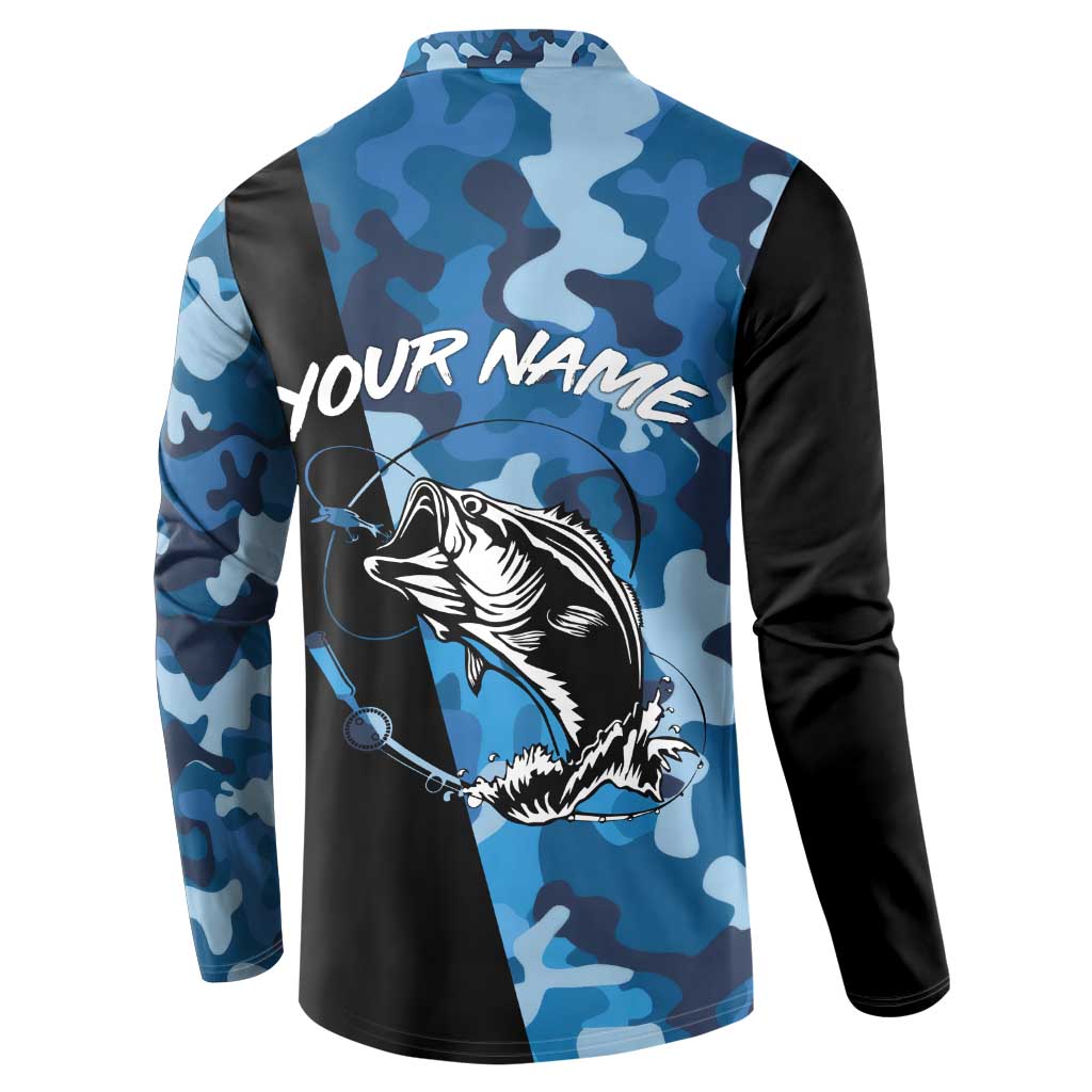 Custom Blue Camo Bass Fishing Button Sweatshirt Fishing Rod Graphic Design - Wonder Print Shop