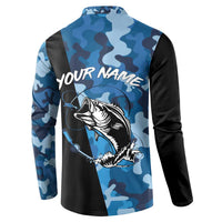 Custom Blue Camo Bass Fishing Button Sweatshirt Fishing Rod Graphic Design - Wonder Print Shop