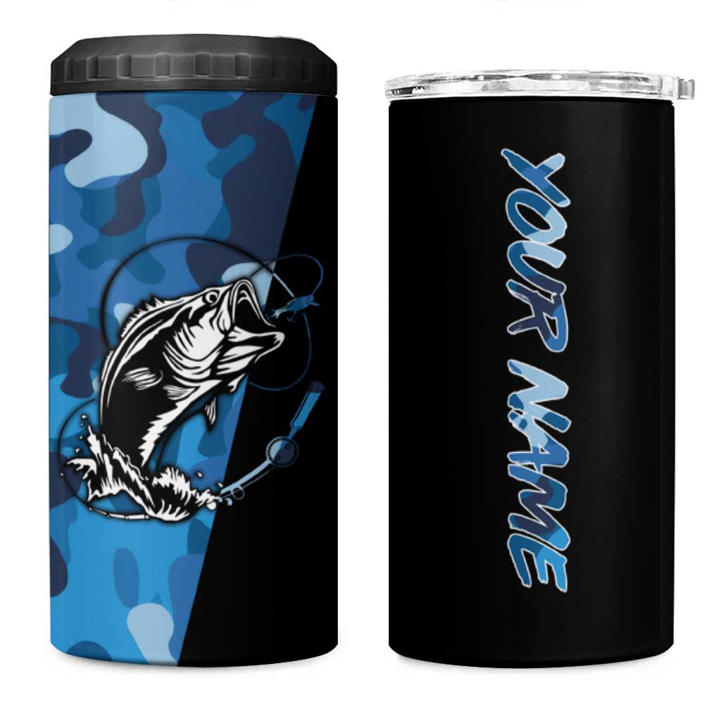 Custom Blue Camo Bass Fishing 4 in 1 Can Cooler Tumbler Fishing Rod Graphic Design - Wonder Print Shop