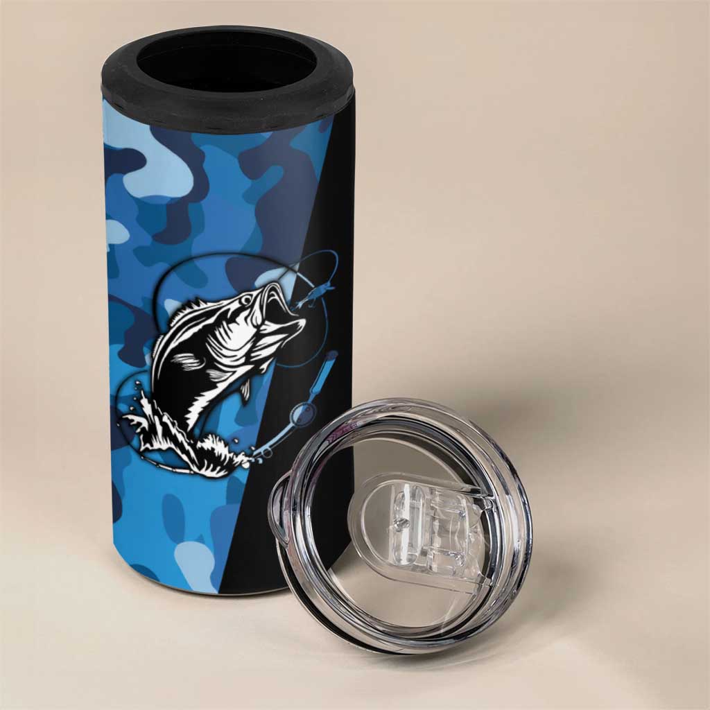 Custom Blue Camo Bass Fishing 4 in 1 Can Cooler Tumbler Fishing Rod Graphic Design - Wonder Print Shop