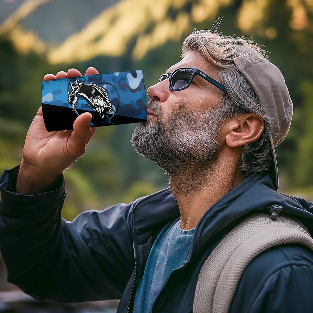 Custom Blue Camo Bass Fishing 4 in 1 Can Cooler Tumbler Fishing Rod Graphic Design - Wonder Print Shop