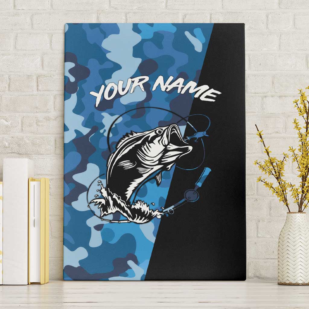 Custom Blue Camo Bass Fishing Canvas Wall Art Fishing Rod Graphic Design - Wonder Print Shop