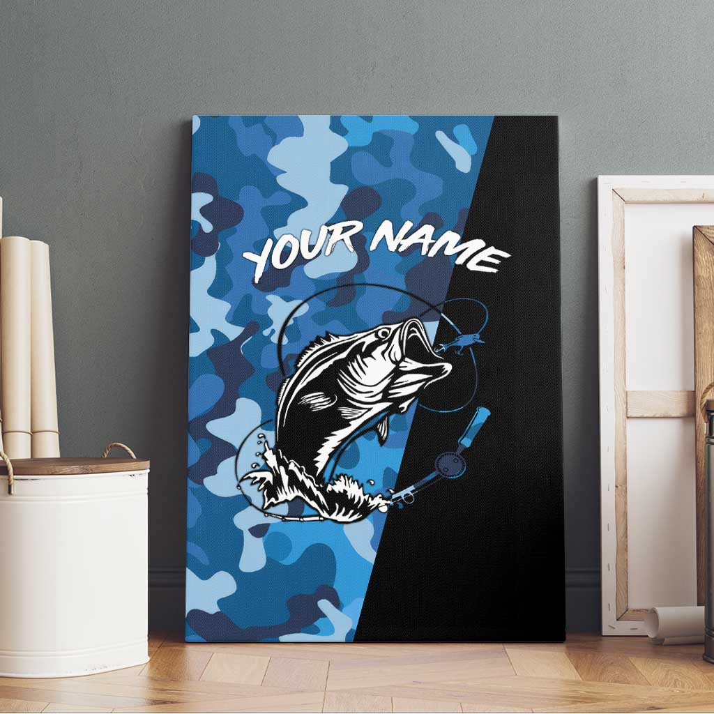 Custom Blue Camo Bass Fishing Canvas Wall Art Fishing Rod Graphic Design - Wonder Print Shop