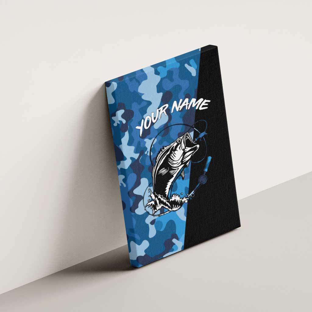 Custom Blue Camo Bass Fishing Canvas Wall Art Fishing Rod Graphic Design - Wonder Print Shop