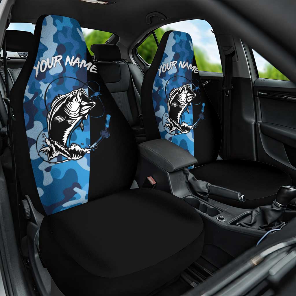 Custom Blue Camo Bass Fishing Car Seat Cover Fishing Rod Graphic Design - Wonder Print Shop