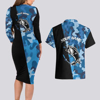 Custom Blue Camo Bass Fishing Couples Matching Long Sleeve Bodycon Dress and Hawaiian Shirt Fishing Rod Graphic Design - Wonder Print Shop