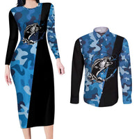 Custom Blue Camo Bass Fishing Couples Matching Long Sleeve Bodycon Dress and Long Sleeve Button Shirt Fishing Rod Graphic Design - Wonder Print Shop
