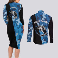 Custom Blue Camo Bass Fishing Couples Matching Long Sleeve Bodycon Dress and Long Sleeve Button Shirt Fishing Rod Graphic Design - Wonder Print Shop