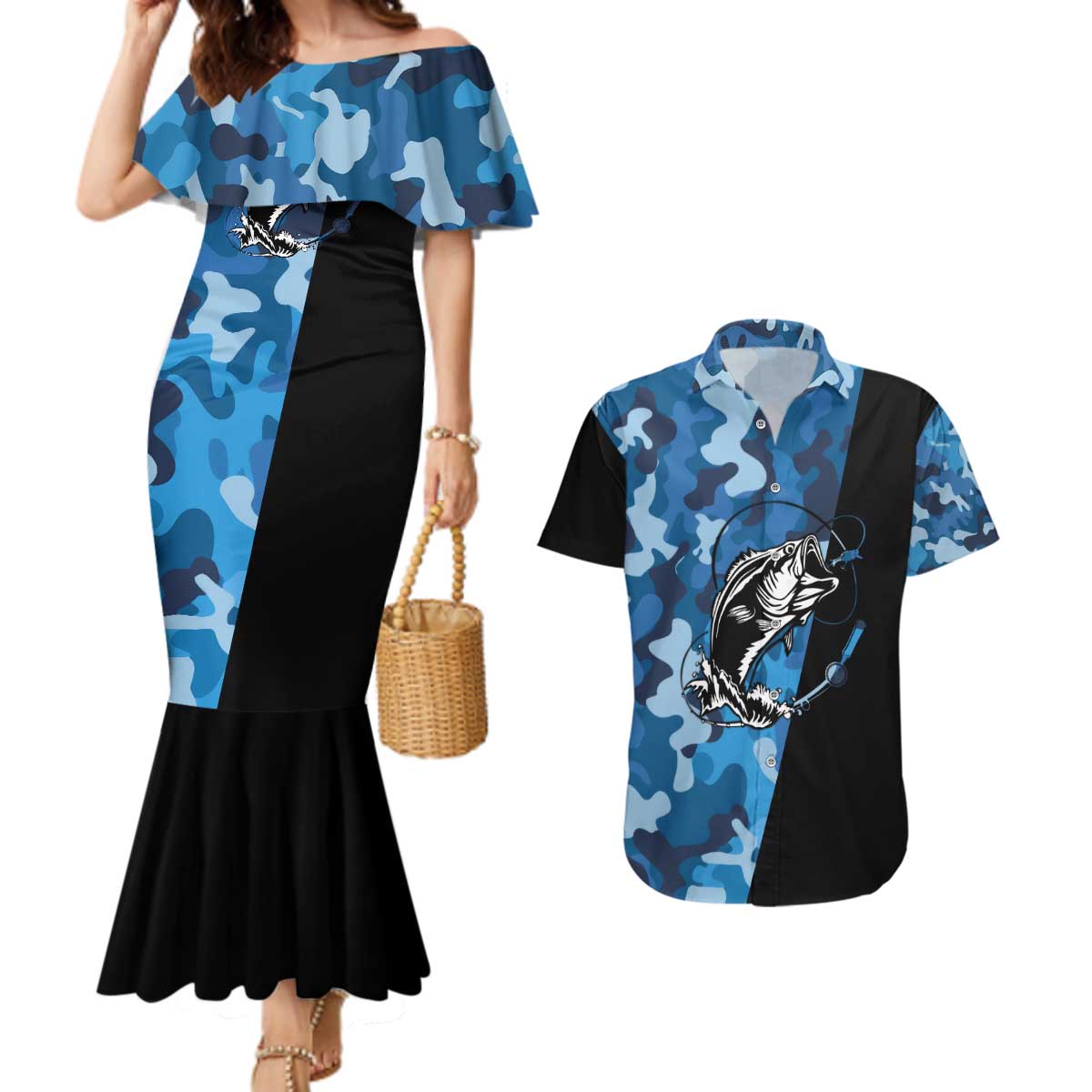 Custom Blue Camo Bass Fishing Couples Matching Mermaid Dress and Hawaiian Shirt Fishing Rod Graphic Design - Wonder Print Shop