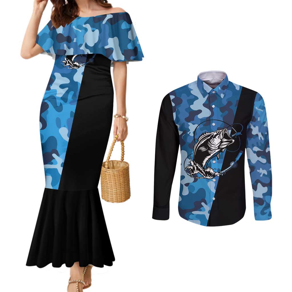Custom Blue Camo Bass Fishing Couples Matching Mermaid Dress and Long Sleeve Button Shirt Fishing Rod Graphic Design - Wonder Print Shop