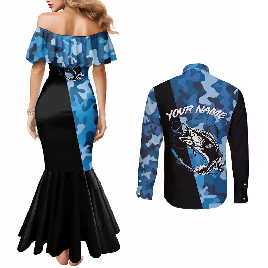 Custom Blue Camo Bass Fishing Couples Matching Mermaid Dress and Long Sleeve Button Shirt Fishing Rod Graphic Design - Wonder Print Shop