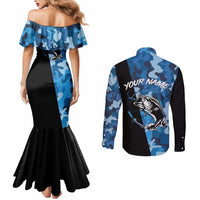 Custom Blue Camo Bass Fishing Couples Matching Mermaid Dress and Long Sleeve Button Shirt Fishing Rod Graphic Design - Wonder Print Shop