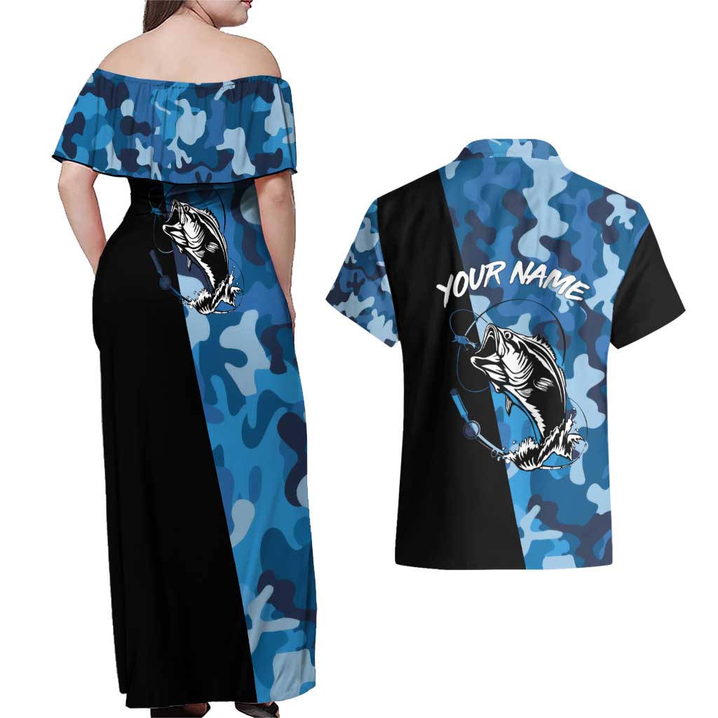 Custom Blue Camo Bass Fishing Couples Matching Off Shoulder Maxi Dress and Hawaiian Shirt Fishing Rod Graphic Design - Wonder Print Shop