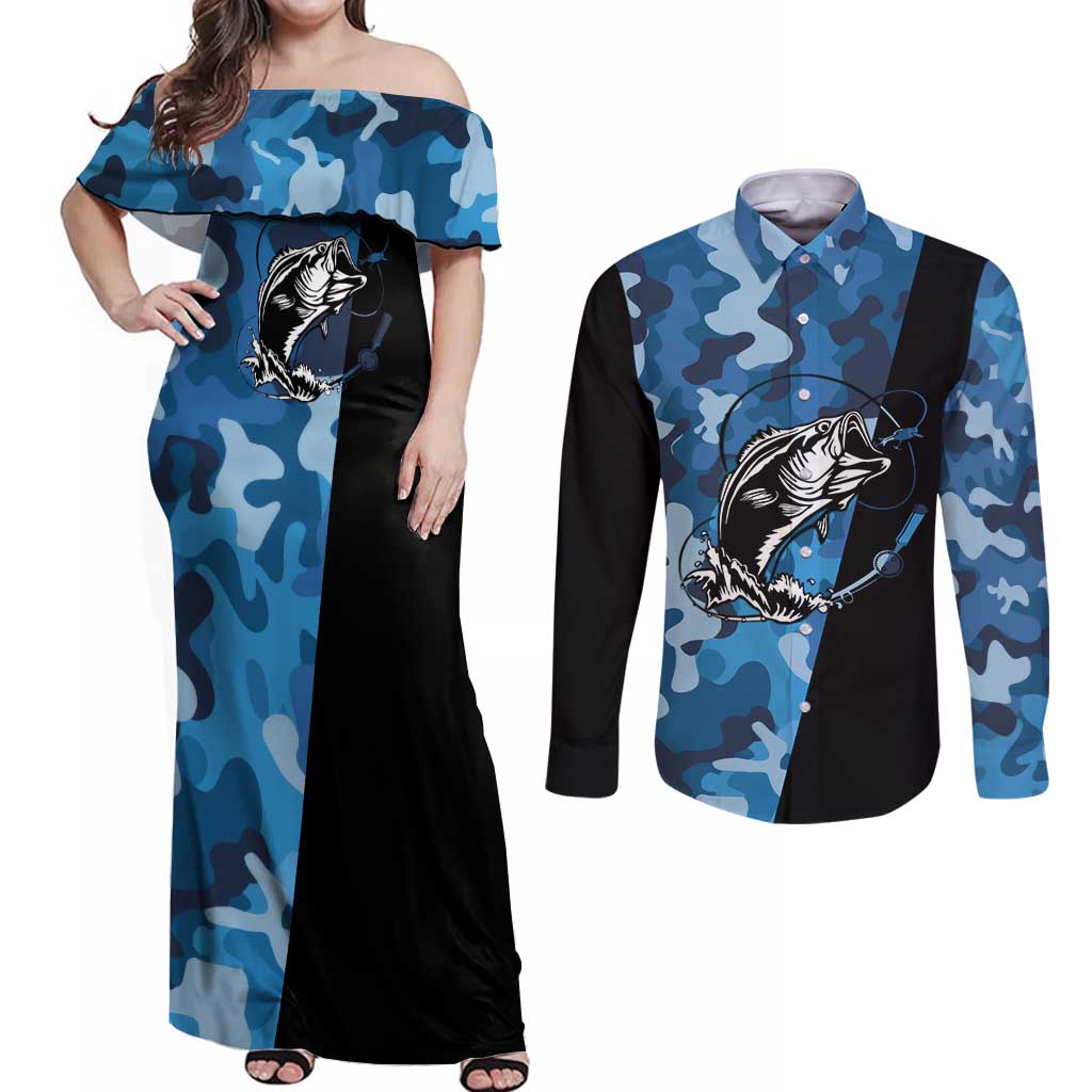 Custom Blue Camo Bass Fishing Couples Matching Off Shoulder Maxi Dress and Long Sleeve Button Shirt Fishing Rod Graphic Design - Wonder Print Shop