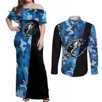 Custom Blue Camo Bass Fishing Couples Matching Off Shoulder Maxi Dress and Long Sleeve Button Shirt Fishing Rod Graphic Design - Wonder Print Shop