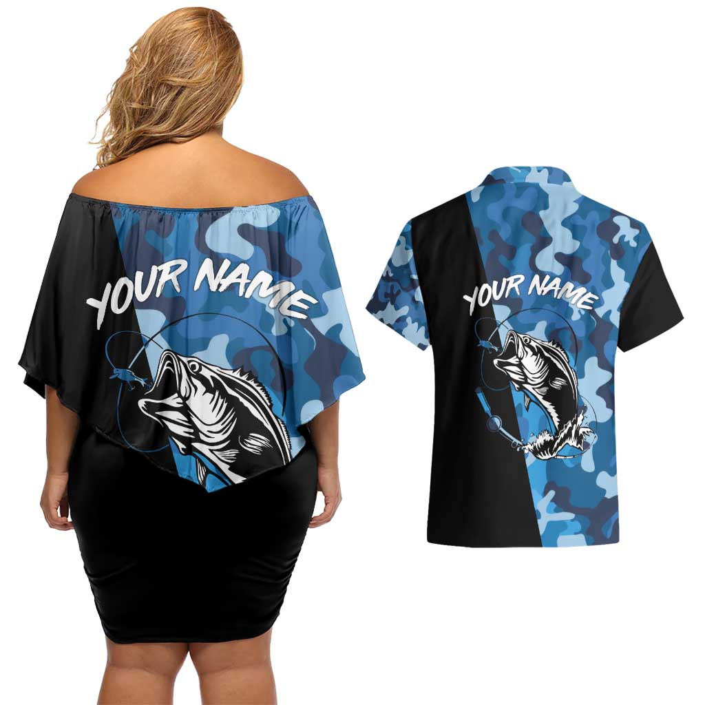 Custom Blue Camo Bass Fishing Couples Matching Off Shoulder Short Dress and Hawaiian Shirt Fishing Rod Graphic Design - Wonder Print Shop