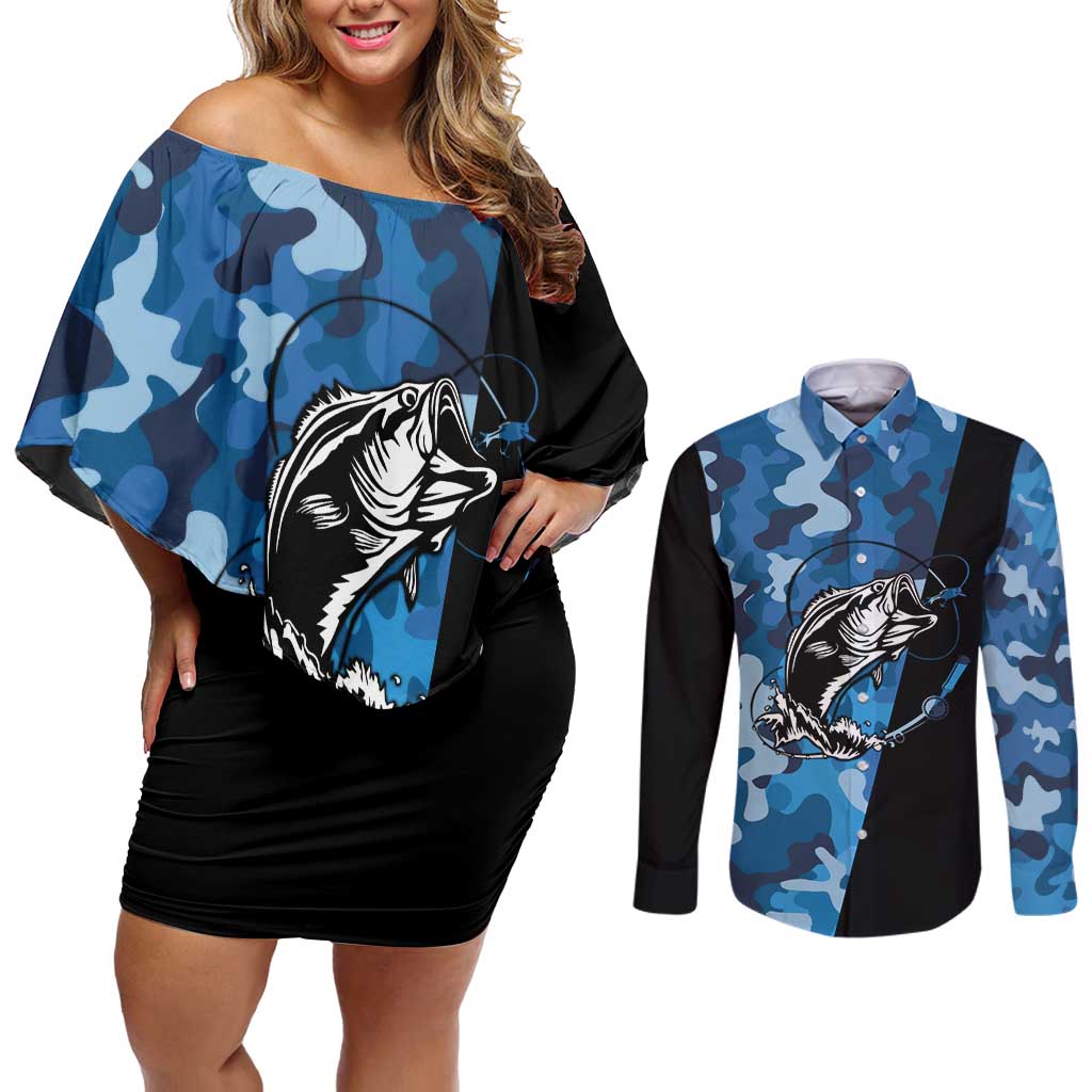 Custom Blue Camo Bass Fishing Couples Matching Off Shoulder Short Dress and Long Sleeve Button Shirt Fishing Rod Graphic Design - Wonder Print Shop