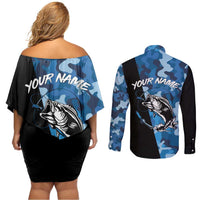 Custom Blue Camo Bass Fishing Couples Matching Off Shoulder Short Dress and Long Sleeve Button Shirt Fishing Rod Graphic Design - Wonder Print Shop