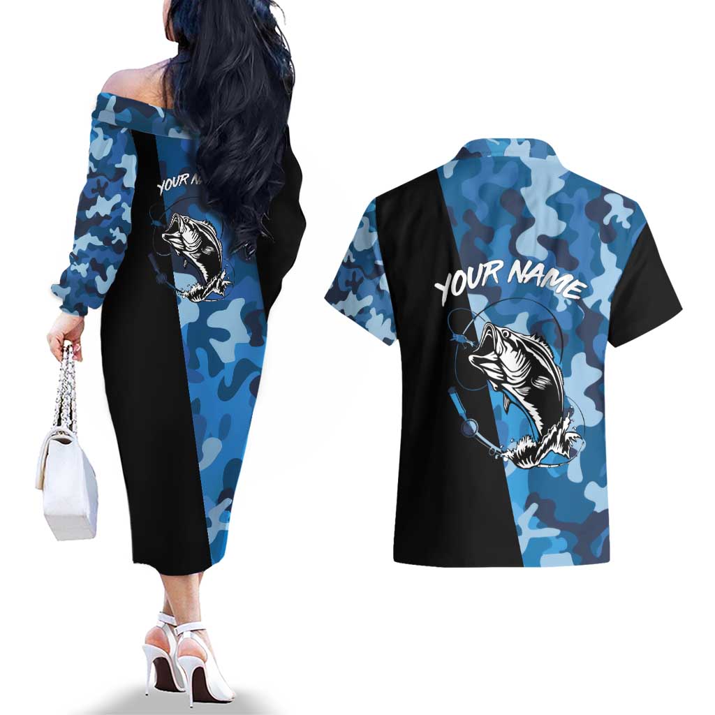 Custom Blue Camo Bass Fishing Couples Matching Off The Shoulder Long Sleeve Dress and Hawaiian Shirt Fishing Rod Graphic Design - Wonder Print Shop