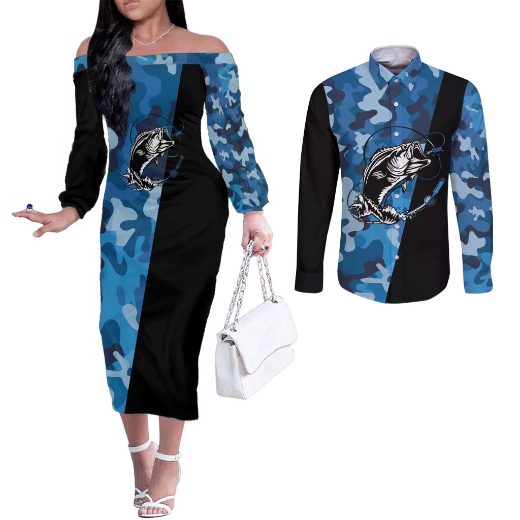 Custom Blue Camo Bass Fishing Couples Matching Off The Shoulder Long Sleeve Dress and Long Sleeve Button Shirt Fishing Rod Graphic Design - Wonder Print Shop