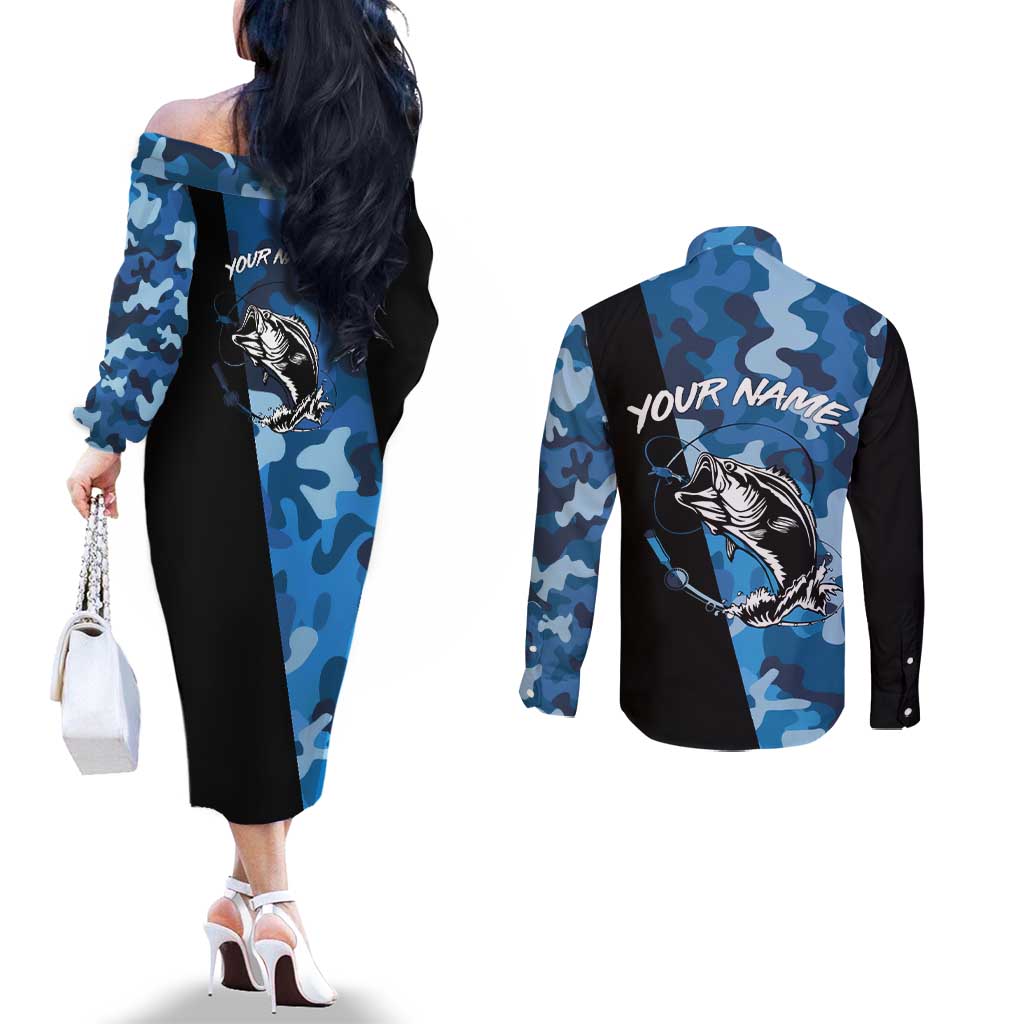 Custom Blue Camo Bass Fishing Couples Matching Off The Shoulder Long Sleeve Dress and Long Sleeve Button Shirt Fishing Rod Graphic Design - Wonder Print Shop