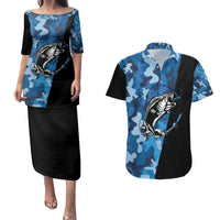 Custom Blue Camo Bass Fishing Couples Matching Puletasi and Hawaiian Shirt Fishing Rod Graphic Design - Wonder Print Shop