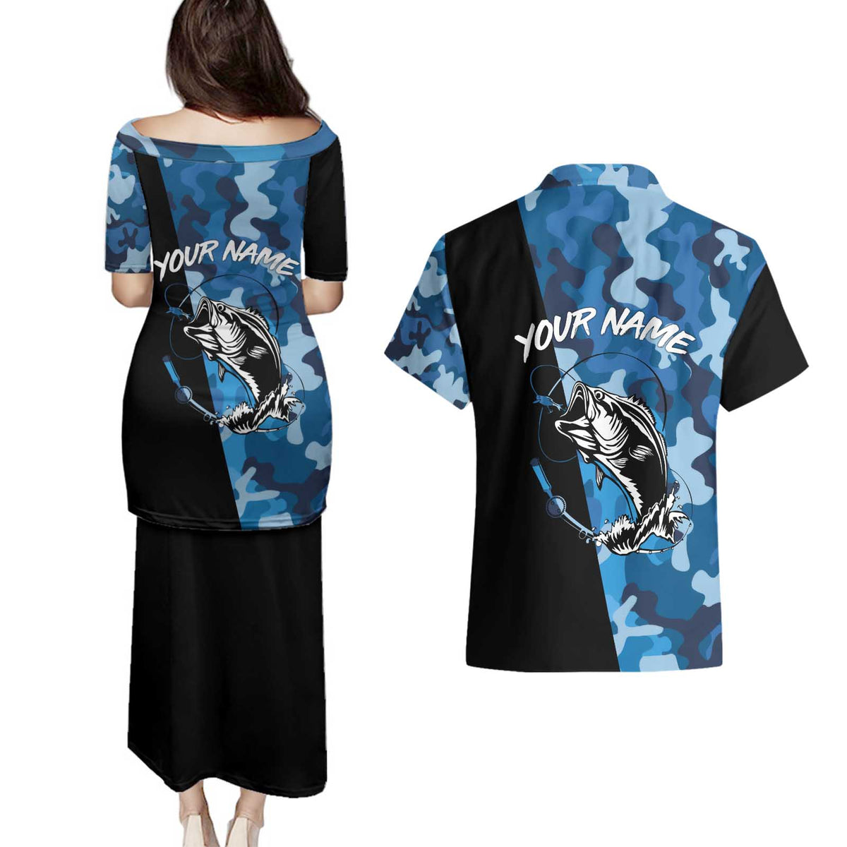 Custom Blue Camo Bass Fishing Couples Matching Puletasi and Hawaiian Shirt Fishing Rod Graphic Design - Wonder Print Shop
