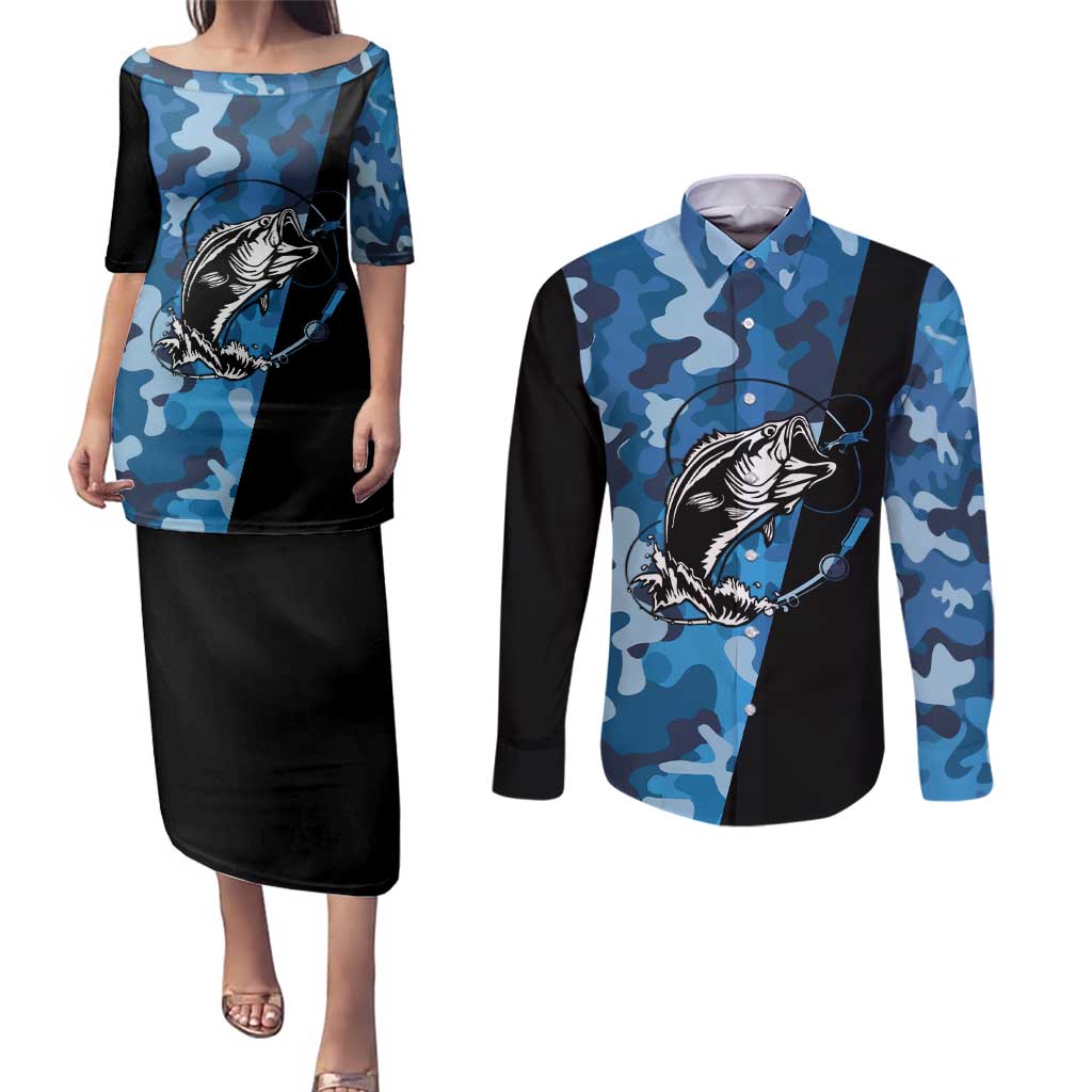 Custom Blue Camo Bass Fishing Couples Matching Puletasi and Long Sleeve Button Shirt Fishing Rod Graphic Design - Wonder Print Shop
