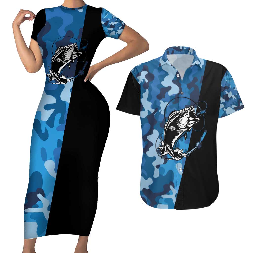 Custom Blue Camo Bass Fishing Couples Matching Short Sleeve Bodycon Dress and Hawaiian Shirt Fishing Rod Graphic Design - Wonder Print Shop