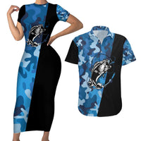 Custom Blue Camo Bass Fishing Couples Matching Short Sleeve Bodycon Dress and Hawaiian Shirt Fishing Rod Graphic Design - Wonder Print Shop