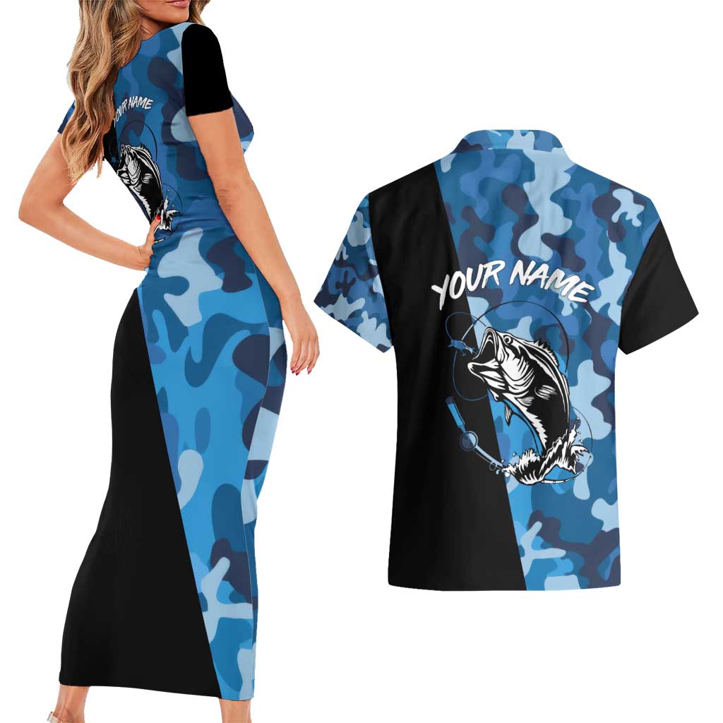 Custom Blue Camo Bass Fishing Couples Matching Short Sleeve Bodycon Dress and Hawaiian Shirt Fishing Rod Graphic Design - Wonder Print Shop