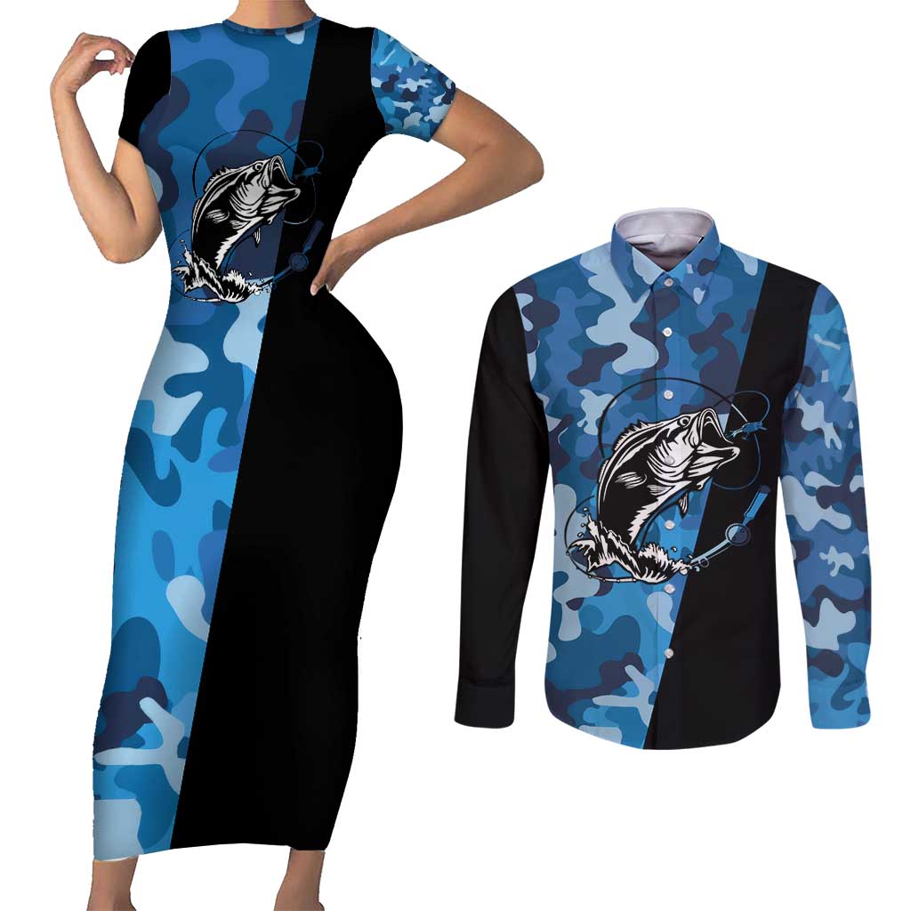 Custom Blue Camo Bass Fishing Couples Matching Short Sleeve Bodycon Dress and Long Sleeve Button Shirt Fishing Rod Graphic Design - Wonder Print Shop