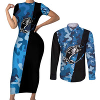 Custom Blue Camo Bass Fishing Couples Matching Short Sleeve Bodycon Dress and Long Sleeve Button Shirt Fishing Rod Graphic Design - Wonder Print Shop
