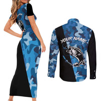 Custom Blue Camo Bass Fishing Couples Matching Short Sleeve Bodycon Dress and Long Sleeve Button Shirt Fishing Rod Graphic Design - Wonder Print Shop