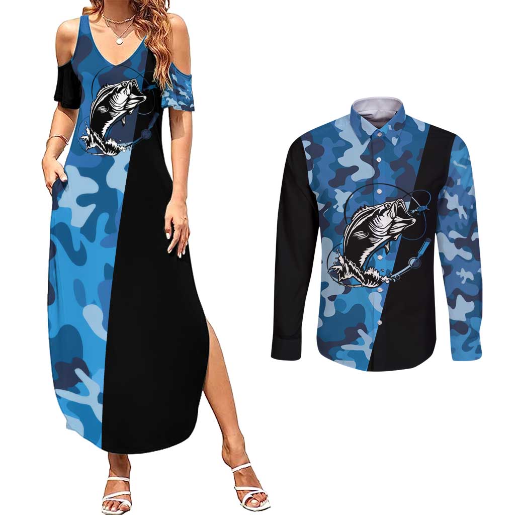 Custom Blue Camo Bass Fishing Couples Matching Summer Maxi Dress and Long Sleeve Button Shirt Fishing Rod Graphic Design - Wonder Print Shop