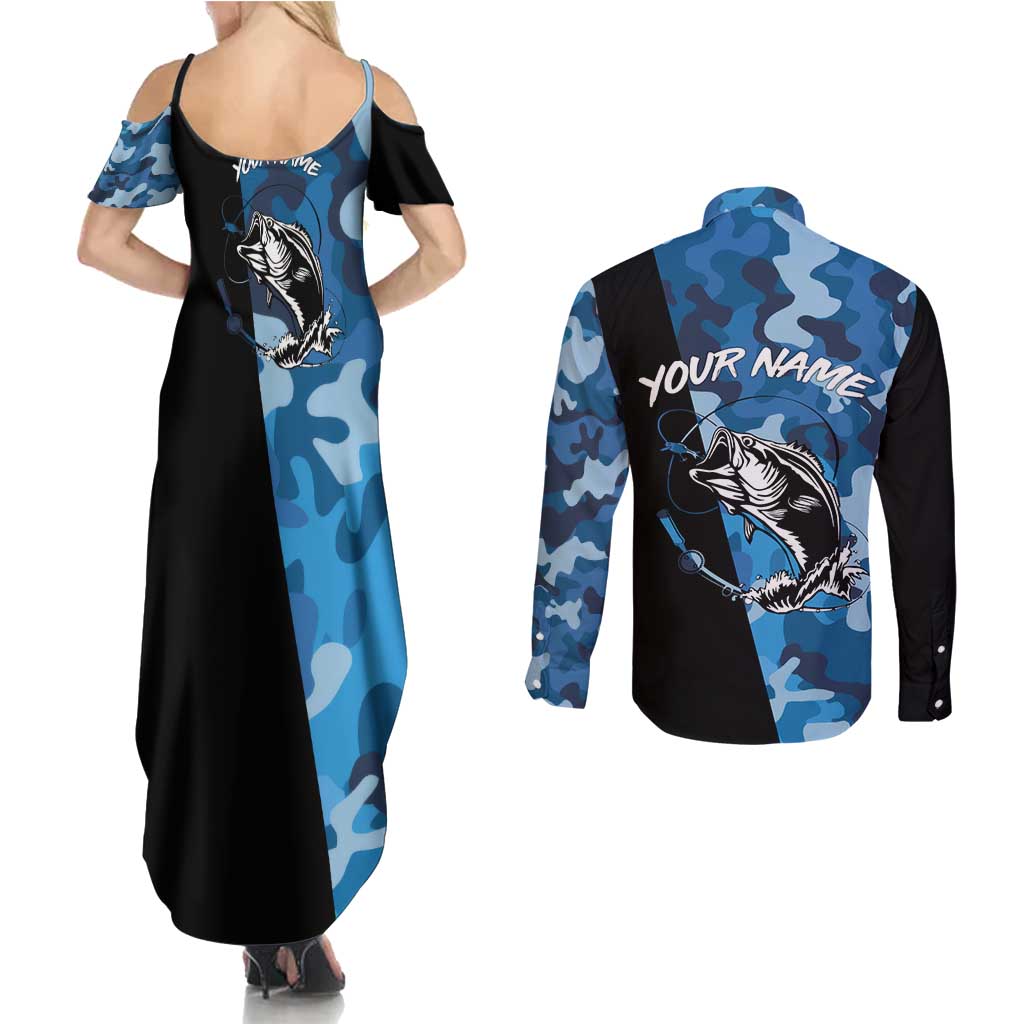 Custom Blue Camo Bass Fishing Couples Matching Summer Maxi Dress and Long Sleeve Button Shirt Fishing Rod Graphic Design - Wonder Print Shop