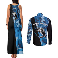 Custom Blue Camo Bass Fishing Couples Matching Tank Maxi Dress and Long Sleeve Button Shirt Fishing Rod Graphic Design - Wonder Print Shop