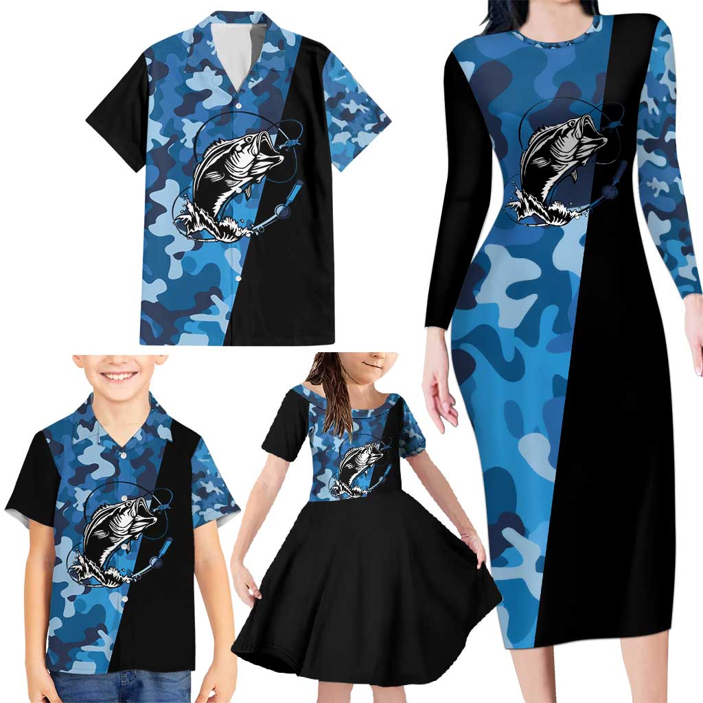 Custom Blue Camo Bass Fishing Family Matching Long Sleeve Bodycon Dress and Hawaiian Shirt Fishing Rod Graphic Design - Wonder Print Shop