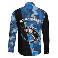 Custom Blue Camo Bass Fishing Family Matching Long Sleeve Bodycon Dress and Hawaiian Shirt Fishing Rod Graphic Design - Wonder Print Shop